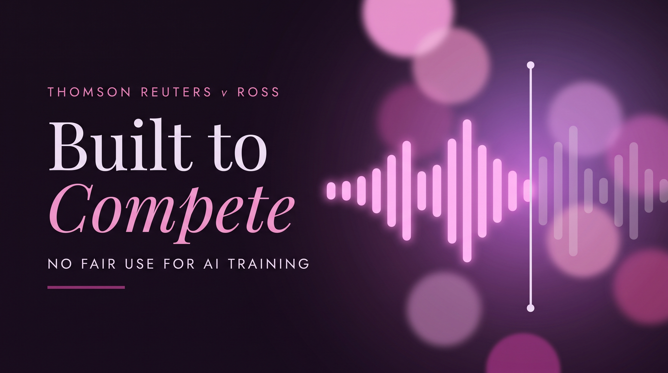 A glowing pink soundwave split by a vertical line against a dark plum background, text reading 'Built to Compete' and 'Thomson Reuters v Ross'