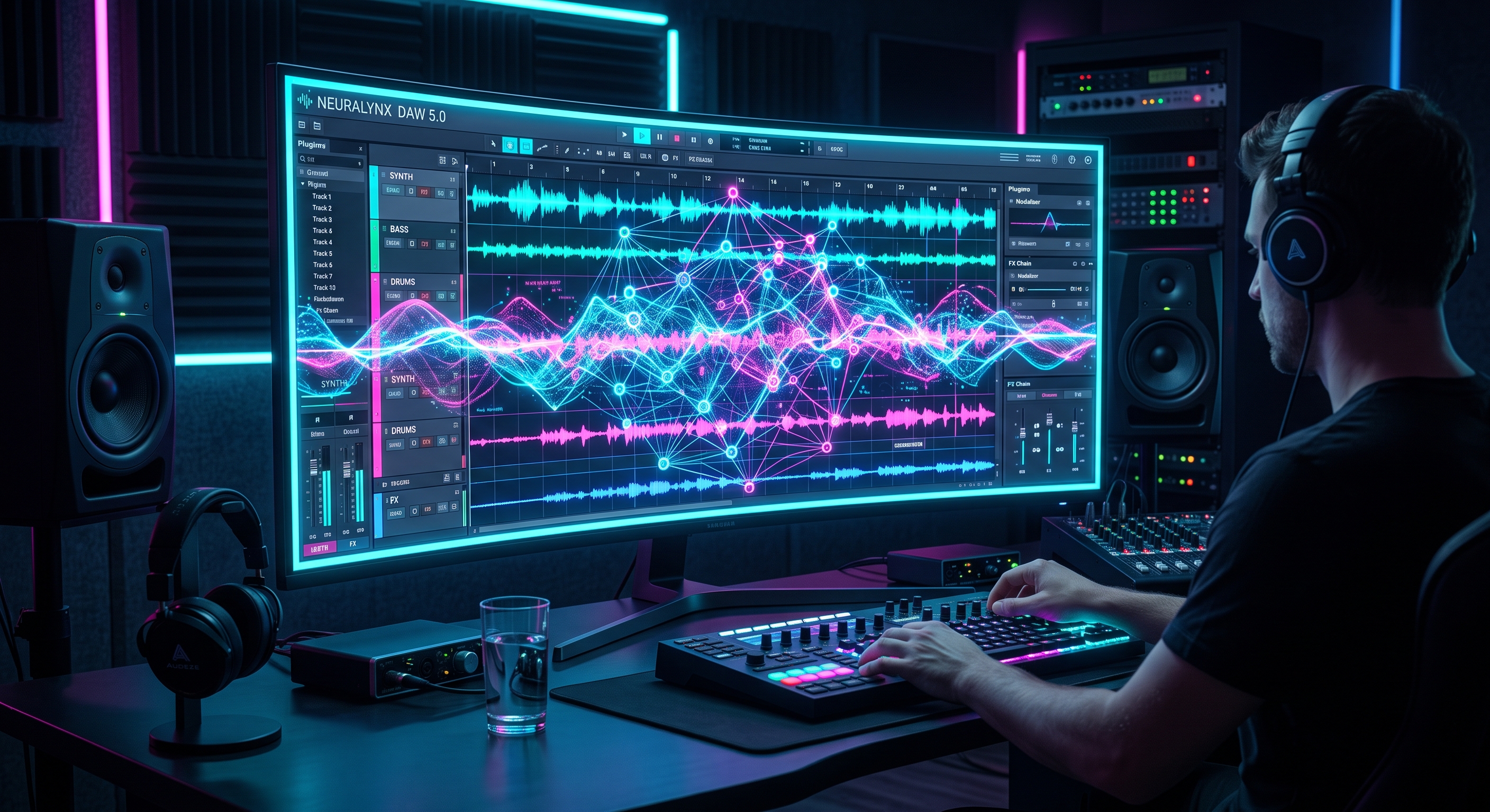 A producer at a curved ultrawide monitor running a futuristic DAW, glowing cyan and magenta waveforms tangled together on screen