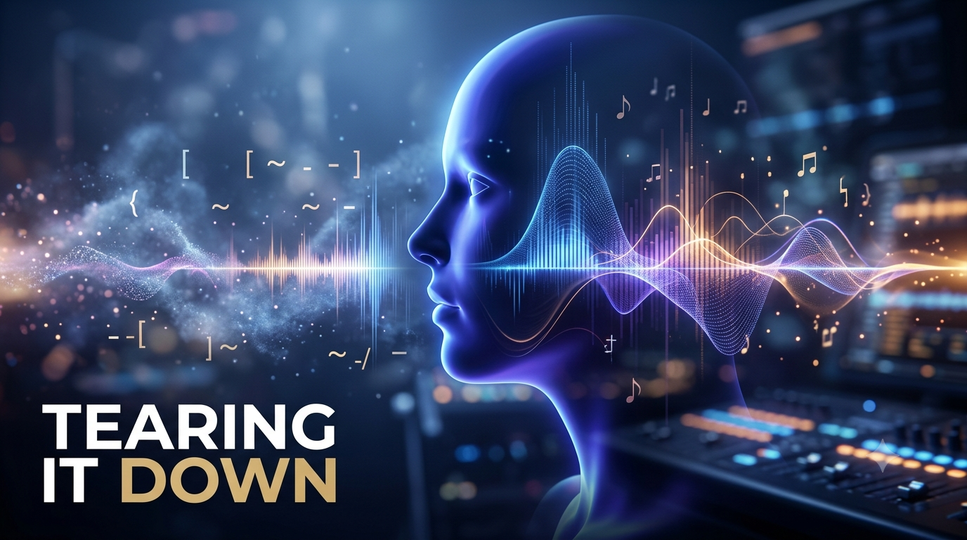 A glowing, translucent human vocal profile merging with digital soundwaves and floating bracket, tilde, and hyphen glyphs, text reading 'Tearing It Down'