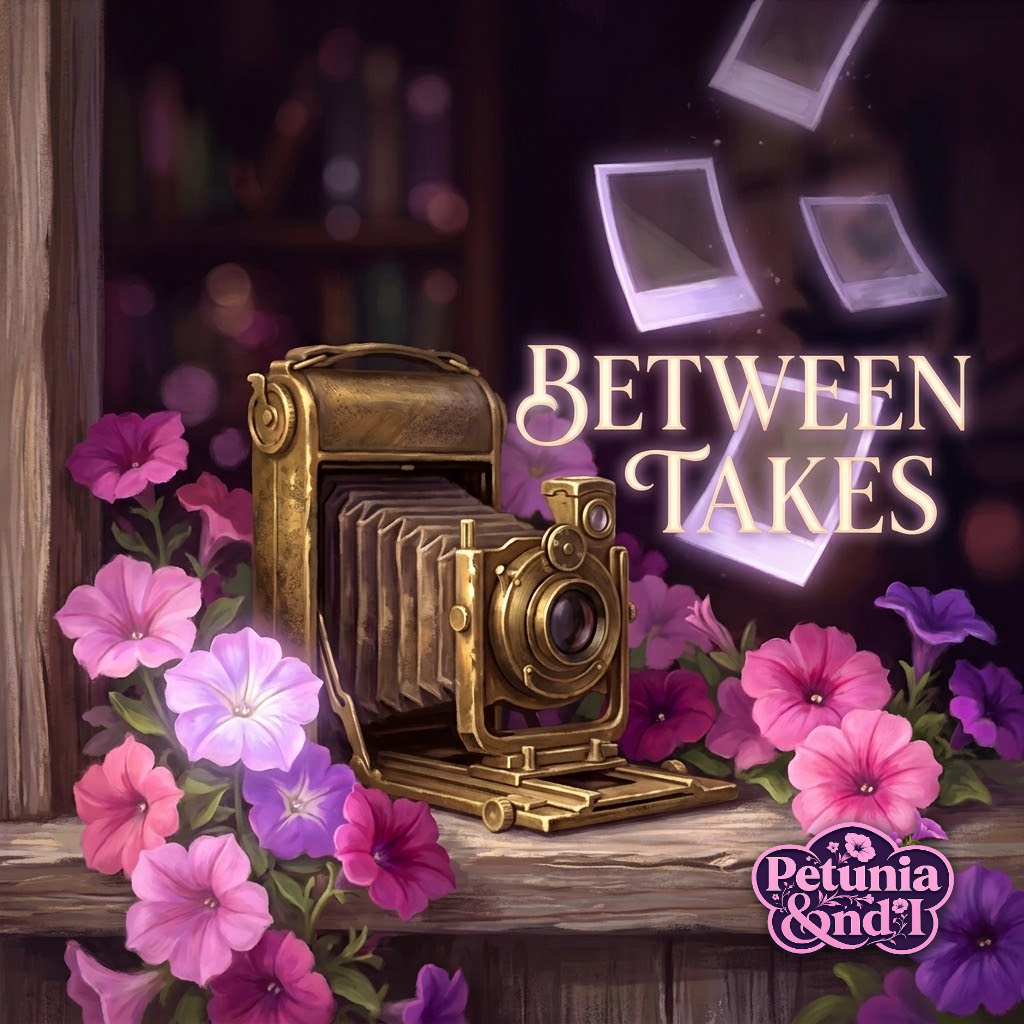 A vintage camera surrounded by petunia blooms with photo prints drifting nearby, text reading 'Between Takes'