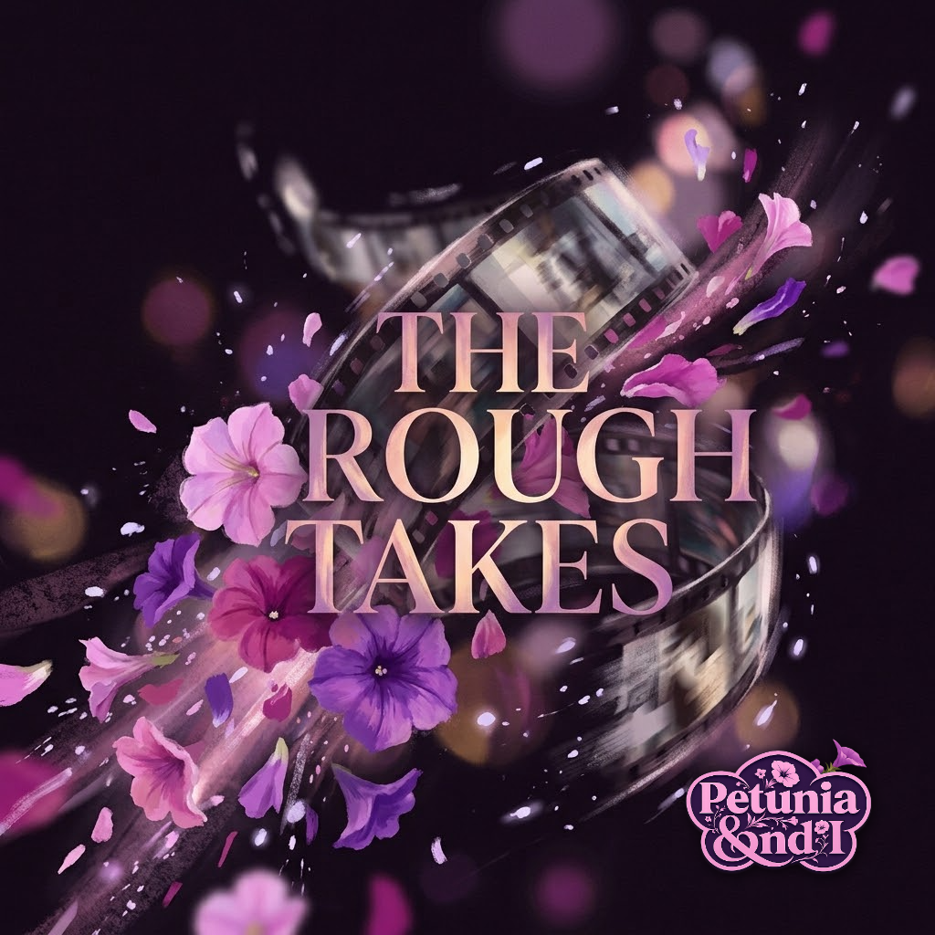 A spinning film strip scattering petunia petals in motion blur, text reading 'The Rough Takes'