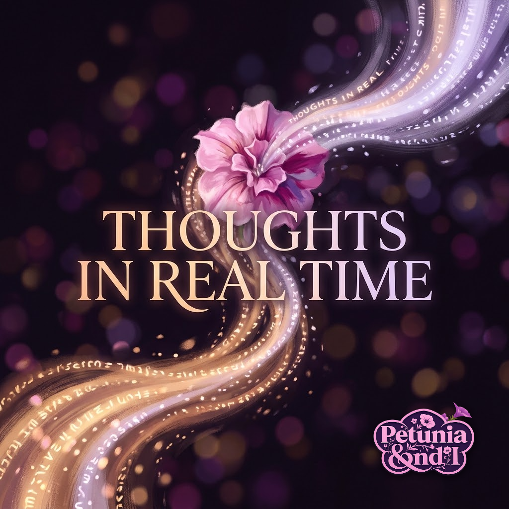 Two glowing streams of light converging into a petunia bloom, text reading 'Thoughts in Real Time'