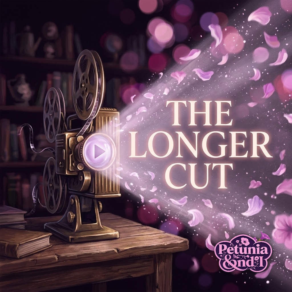 A vintage film projector casting a beam of light and petunia petals, text reading 'The Longer Cut'