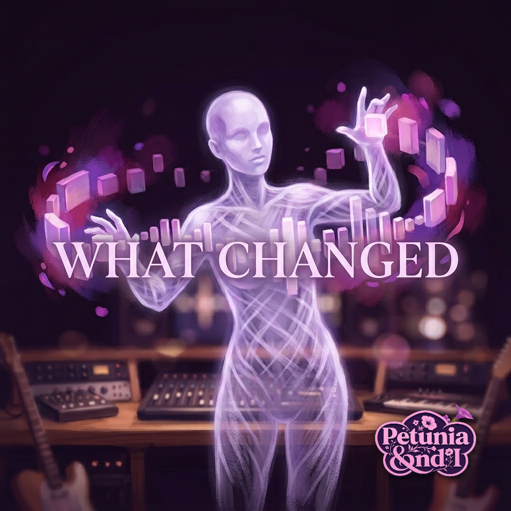 A translucent AI figure reshaping glowing waveform blocks in a studio, text reading 'What Changed'